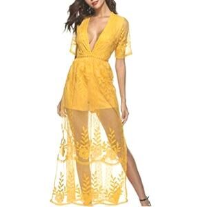 Eleter Lace Short Sleeve Yellow Romper Maxi Dress Sheer Overlay Boho S